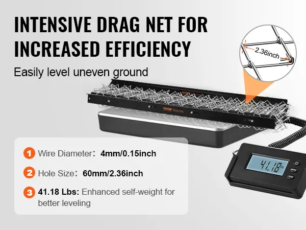 VEVOR drag harrow with 4mm wire diameter, 60mm hole size, and 41.18 lbs for leveling uneven ground.