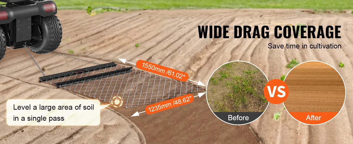 wide coverage VEVOR drag harrow leveling soil with before and after comparison circles.