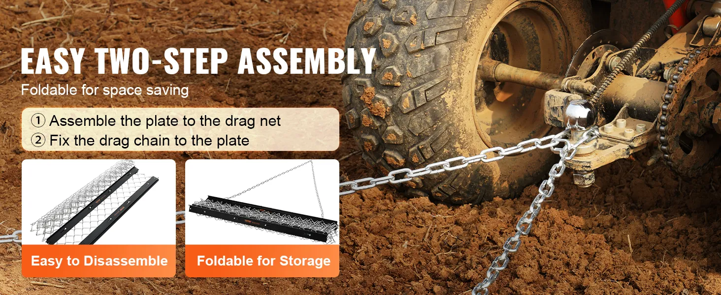 VEVOR drag harrow attached to a tractor, showing easy two-step assembly and foldable for storage.