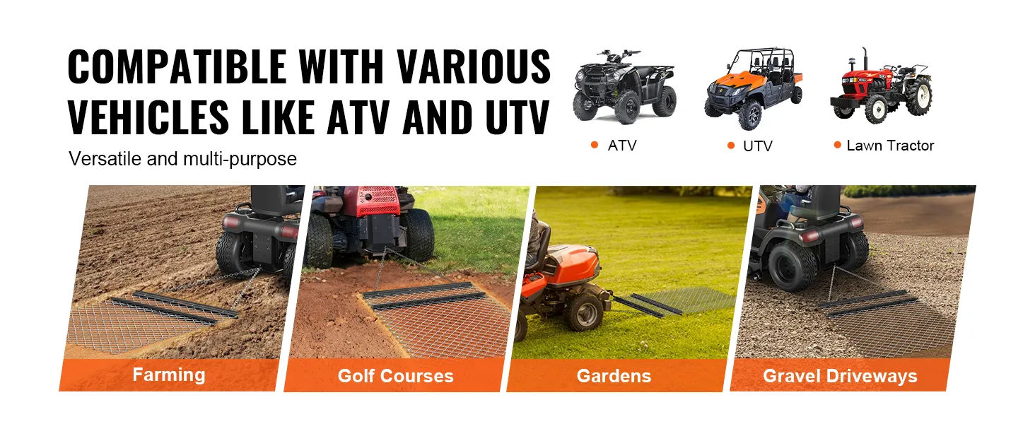 compatible with various vehicles like atv and utv, ideal for farming, golf courses, gardens, and gravel driveways.