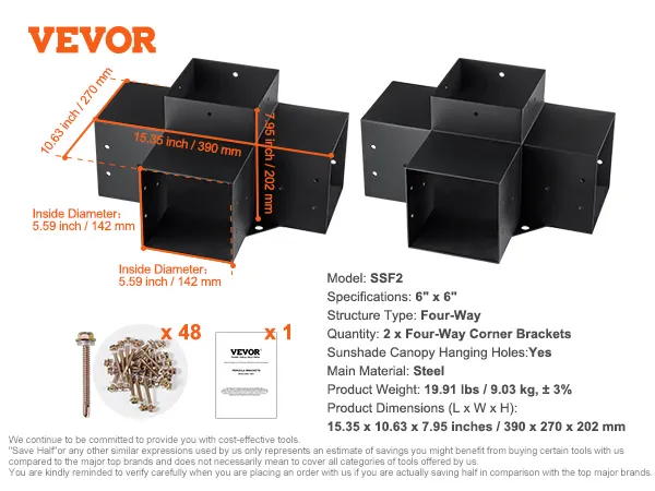 VEVOR pergola bracket kit with two four-way steel corner brackets, dimensions: 15.35 x 10.63 x 7.95 inches.