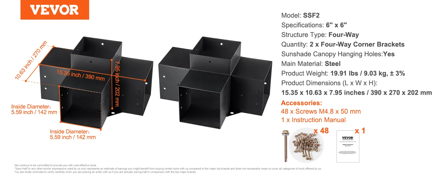 VEVOR pergola bracket kit with two four-way steel corner brackets, dimensions: 15.35 x 10.63 x 7.95 inches.