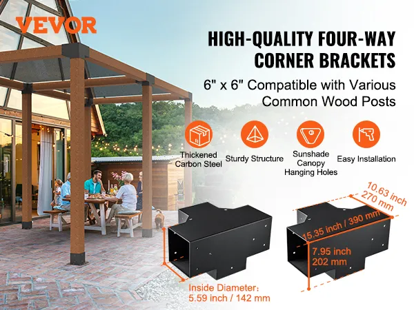VEVOR pergola bracket kit installed in a garden, providing a sturdy structure for outdoor dining.