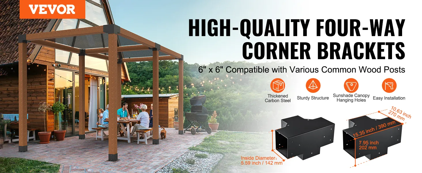 VEVOR pergola bracket kit installed in a garden, providing a sturdy structure for outdoor dining.
