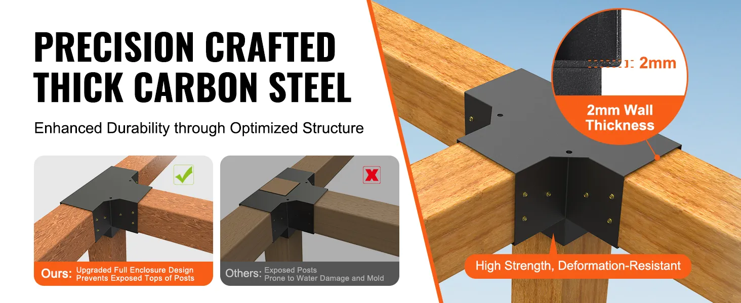 VEVOR pergola bracket kit with 2mm thick carbon steel for enhanced durability and full enclosure design.