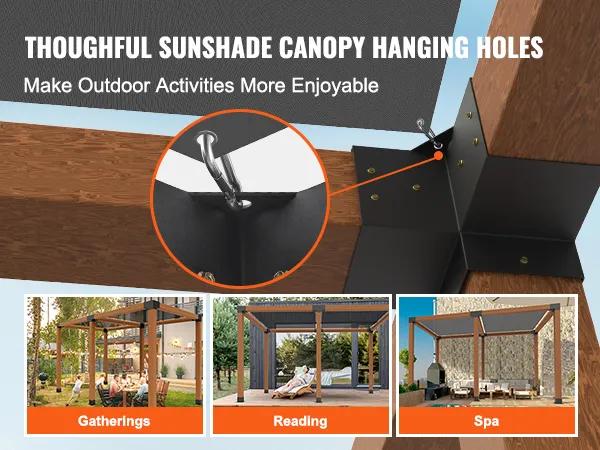VEVOR pergola bracket kit with sunshade canopy hanging holes for gatherings, reading, and spa activities.