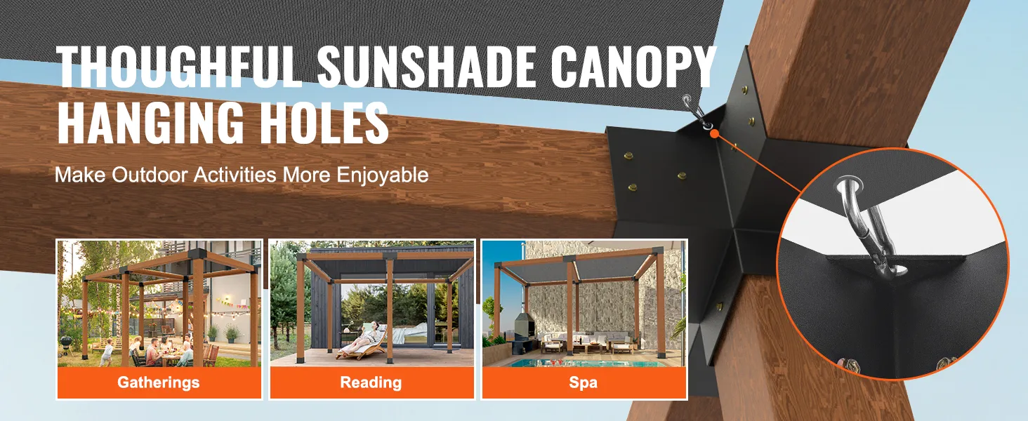 VEVOR pergola bracket kit with sunshade canopy hanging holes for gatherings, reading, and spa activities.