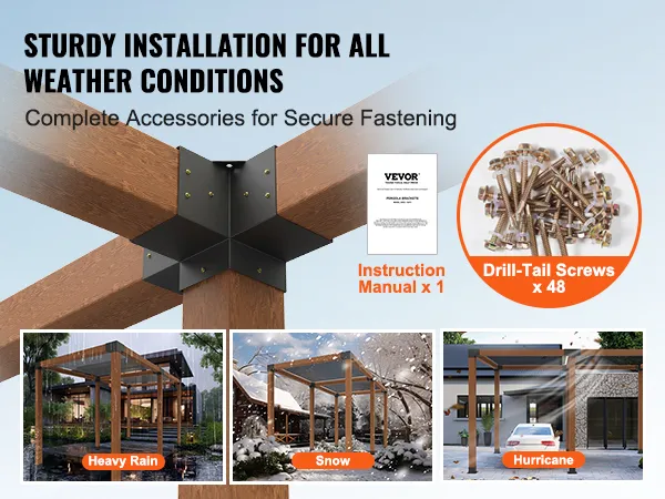 VEVOR pergola bracket kit for sturdy installation in heavy rain, snow, and hurricane conditions.