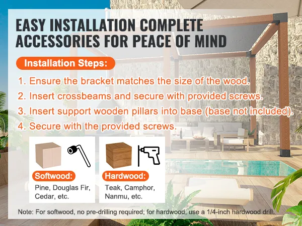 VEVOR pergola bracket kit installation guide with steps, accessories, and wood types. easy assembly.