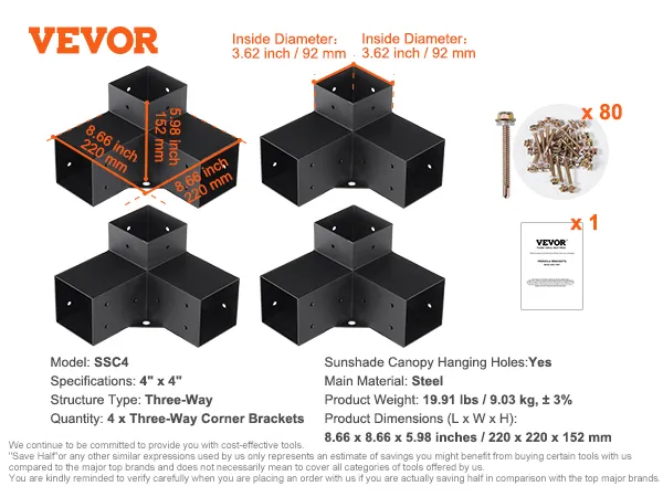VEVOR pergola bracket kit, 4pcs three-way steel corner brackets with 80 screws and instruction manual.