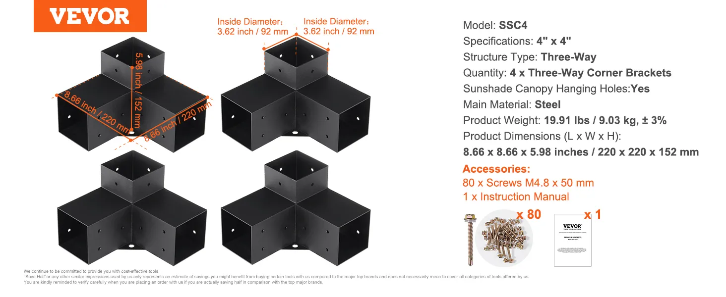 VEVOR pergola bracket kit, 4pcs three-way steel corner brackets with 80 screws and instruction manual.