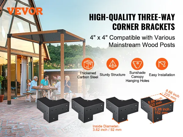 VEVOR pergola bracket kit displayed with a family enjoying outdoor dining under a sturdy pergola structure.