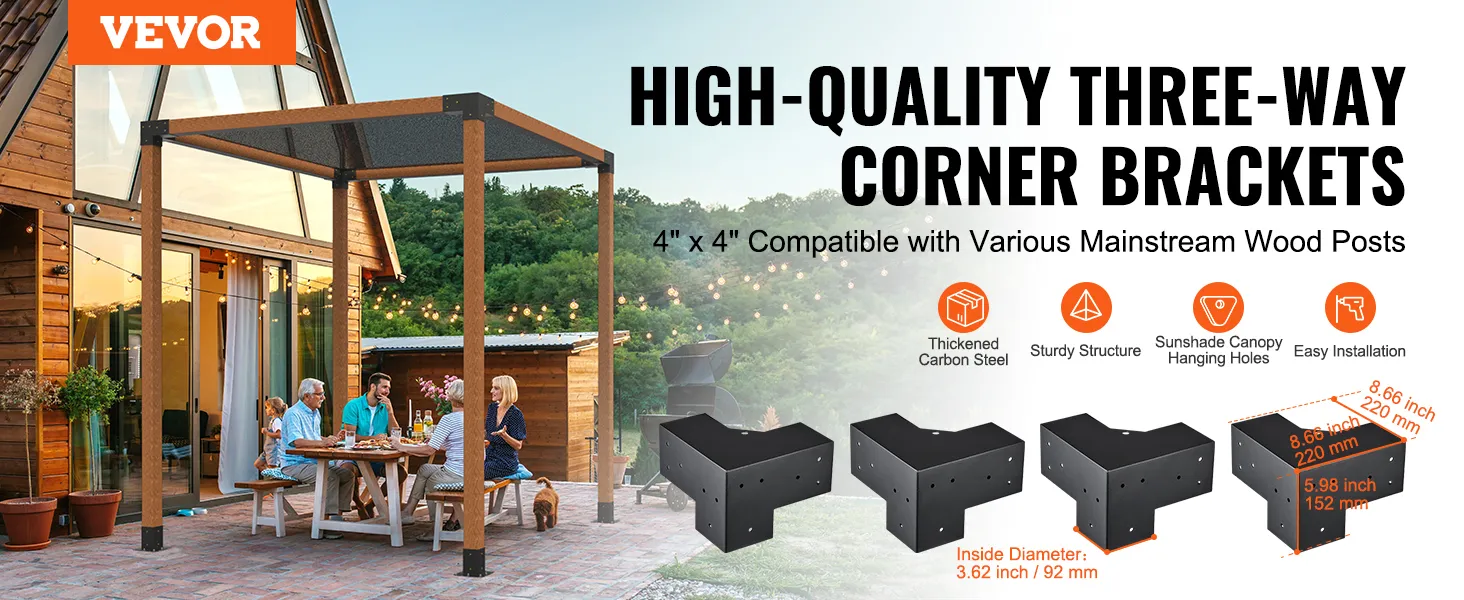 VEVOR pergola bracket kit displayed with a family enjoying outdoor dining under a sturdy pergola structure.