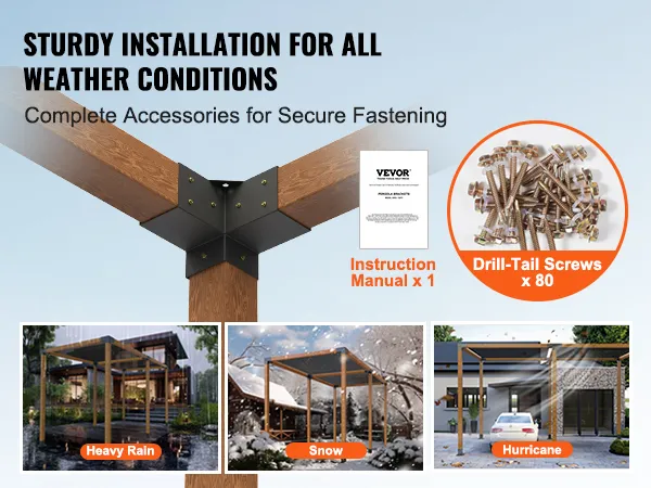 VEVOR pergola bracket kit ensures secure fastening for all weather conditions with drill-tail screws.