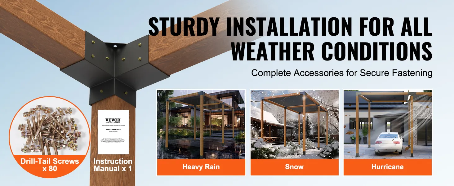 VEVOR pergola bracket kit ensures secure fastening for all weather conditions with drill-tail screws.