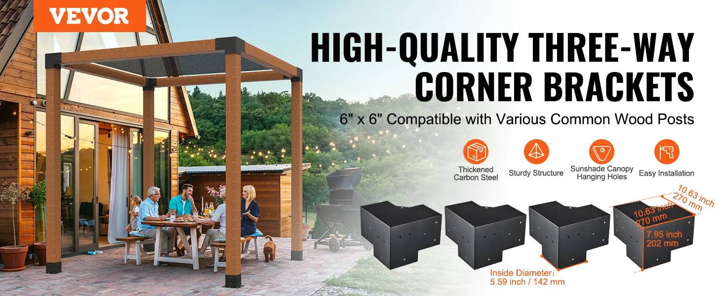 VEVOR pergola bracket kit: three-way corner brackets, thickened carbon steel, sturdy for outdoor dining.