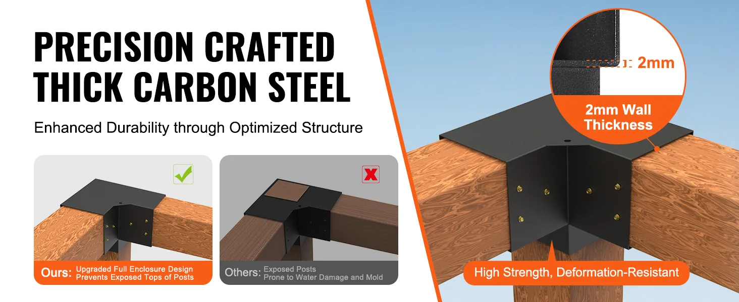 precision crafted thick carbon steel VEVOR pergola bracket kit with 2mm wall thickness for durability.