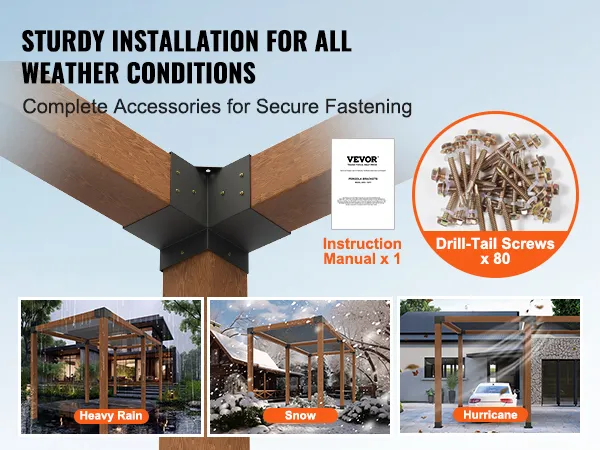 sturdy VEVOR pergola bracket kit featuring screws, manual, and strong installation in various weather.