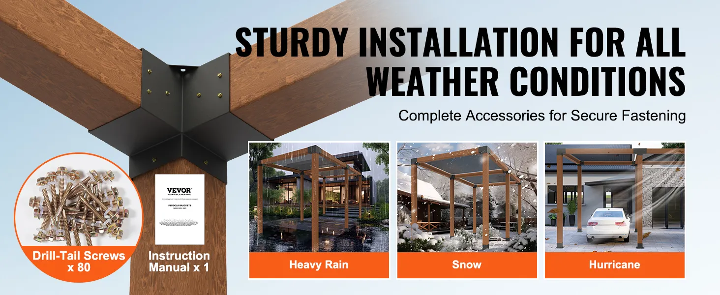 sturdy VEVOR pergola bracket kit featuring screws, manual, and strong installation in various weather.