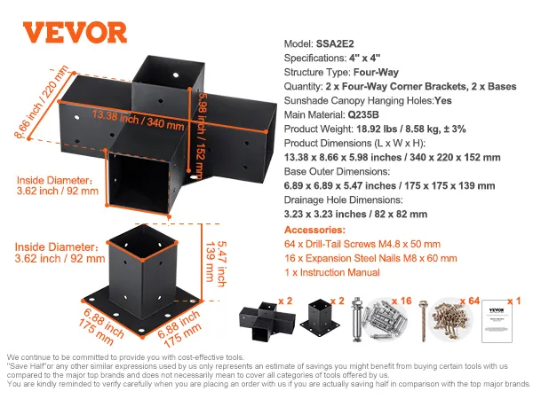 VEVOR pergola bracket kit with four-way corner brackets, screws, nails, bases, and instruction manual.
