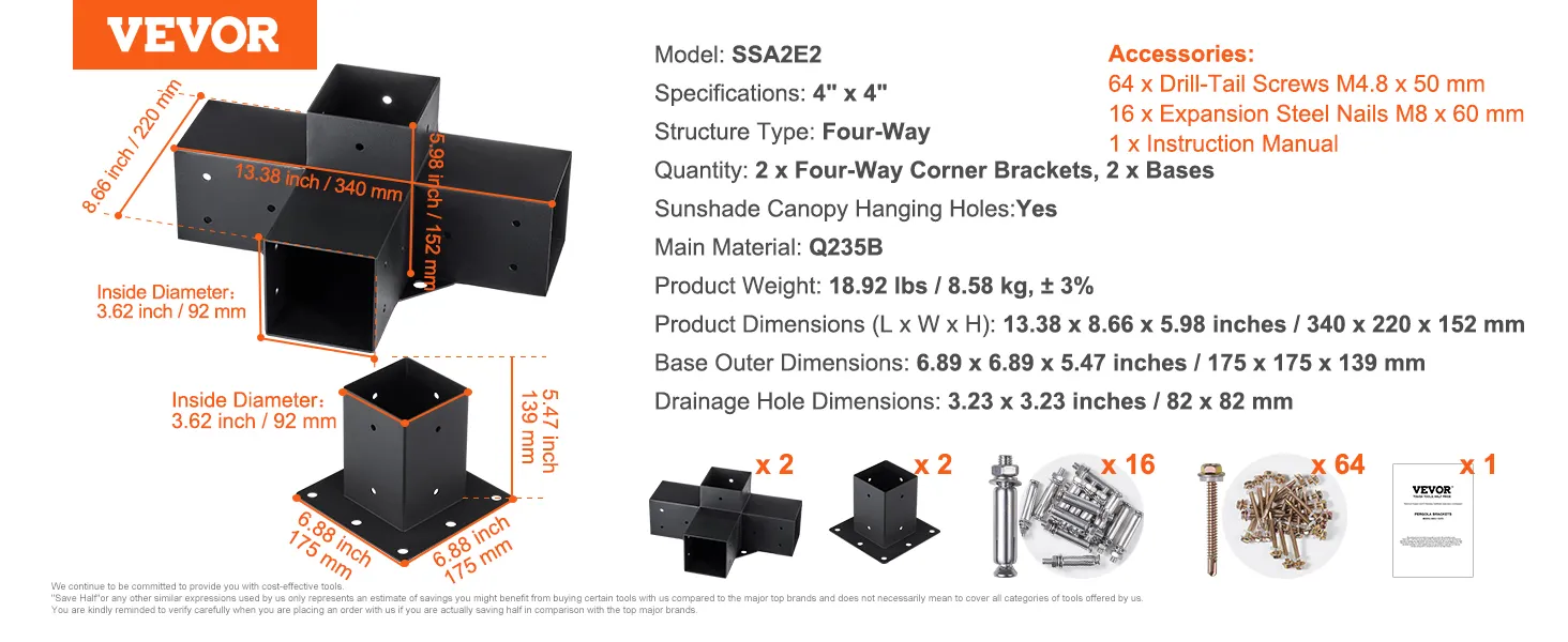 VEVOR pergola bracket kit with four-way corner brackets, screws, nails, bases, and instruction manual.