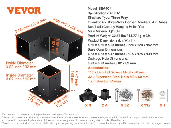 VEVOR pergola bracket kit diagram with dimensions, screws, nails, and installation instructions.