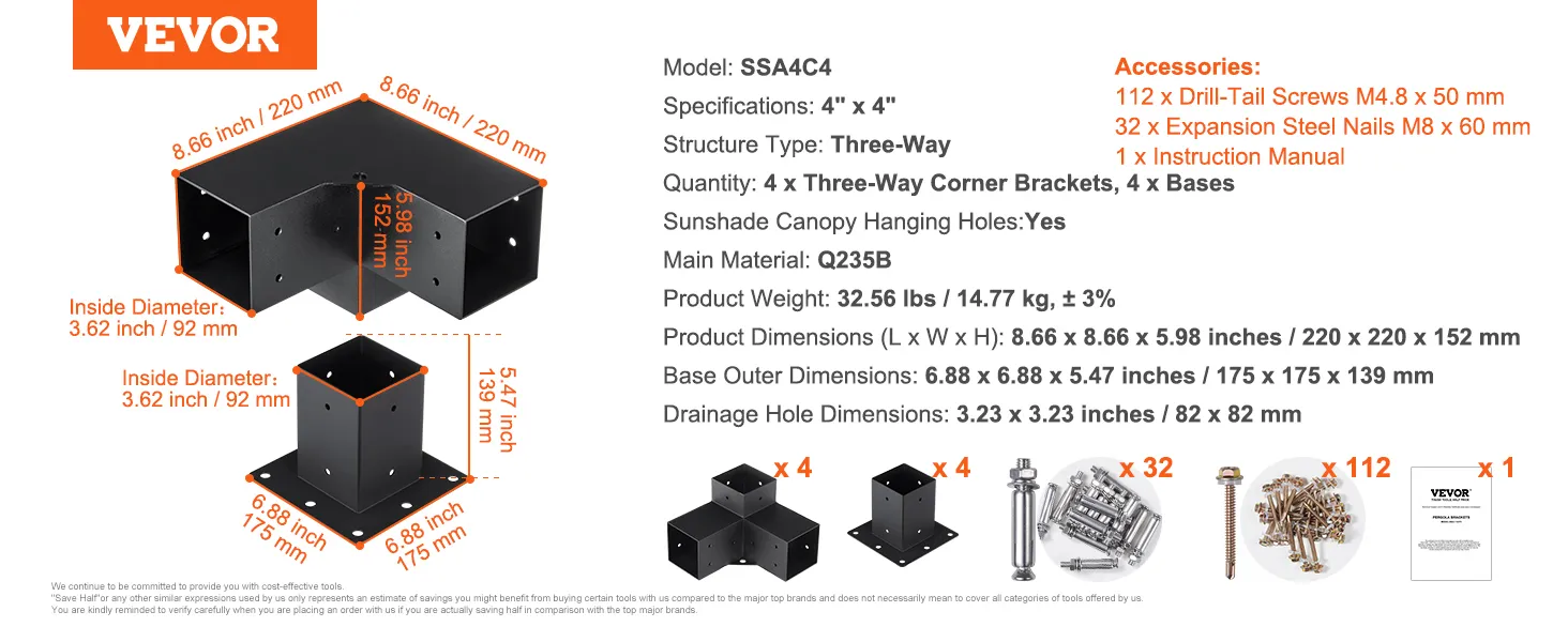VEVOR pergola bracket kit diagram with dimensions, screws, nails, and installation instructions.