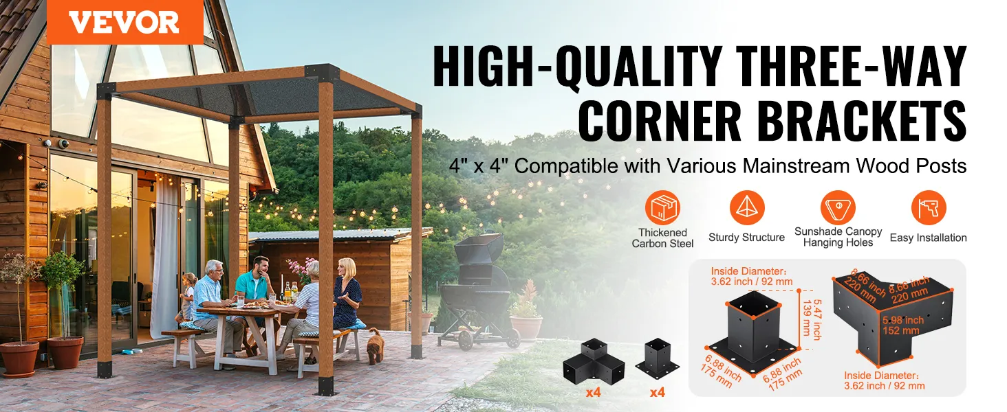 VEVOR pergola bracket kit displayed on a patio with family dining under a wooden pergola.