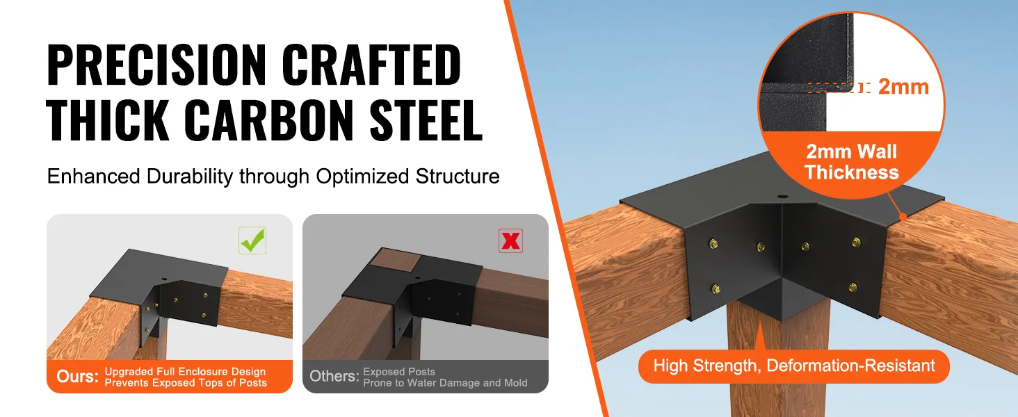precision-crafted VEVOR pergola bracket kit in thick carbon steel with 2mm wall thickness for durability.