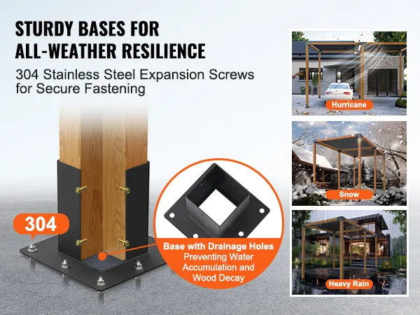 VEVOR pergola bracket kit with 304 stainless steel screws; base with drainage holes for all-weather durability.