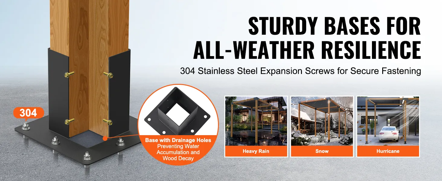 VEVOR pergola bracket kit with 304 stainless steel screws; base with drainage holes for all-weather durability.