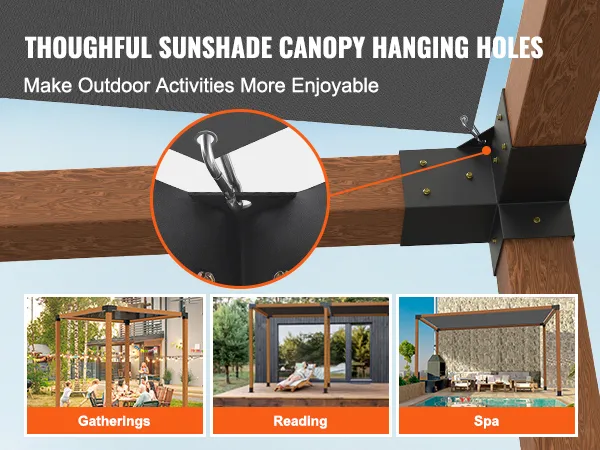 thoughtful sunshade canopy design with VEVOR pergola bracket kit for outdoor activities: gatherings, reading, spa.