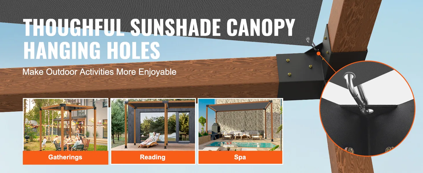thoughtful sunshade canopy design with VEVOR pergola bracket kit for outdoor activities: gatherings, reading, spa.