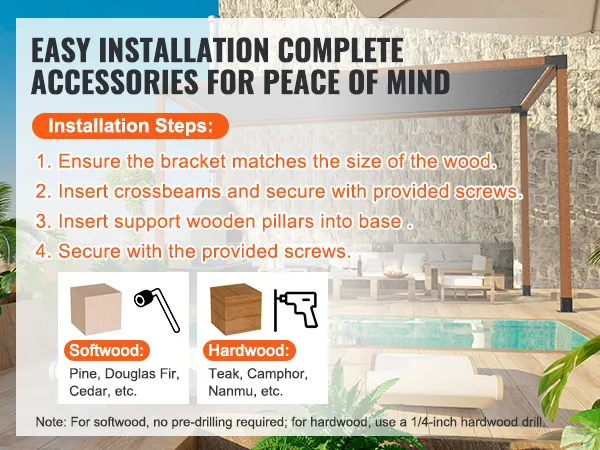 easy installation guide for the VEVOR pergola bracket kit with steps and wood type illustrations in the background.