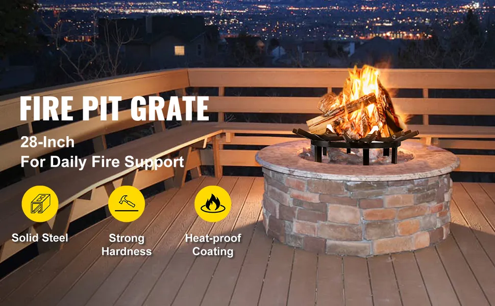 Rejilla de fuego VEVOR en una fogata de ladrillo en un patio de madera con vista a la ciudad por la noche.