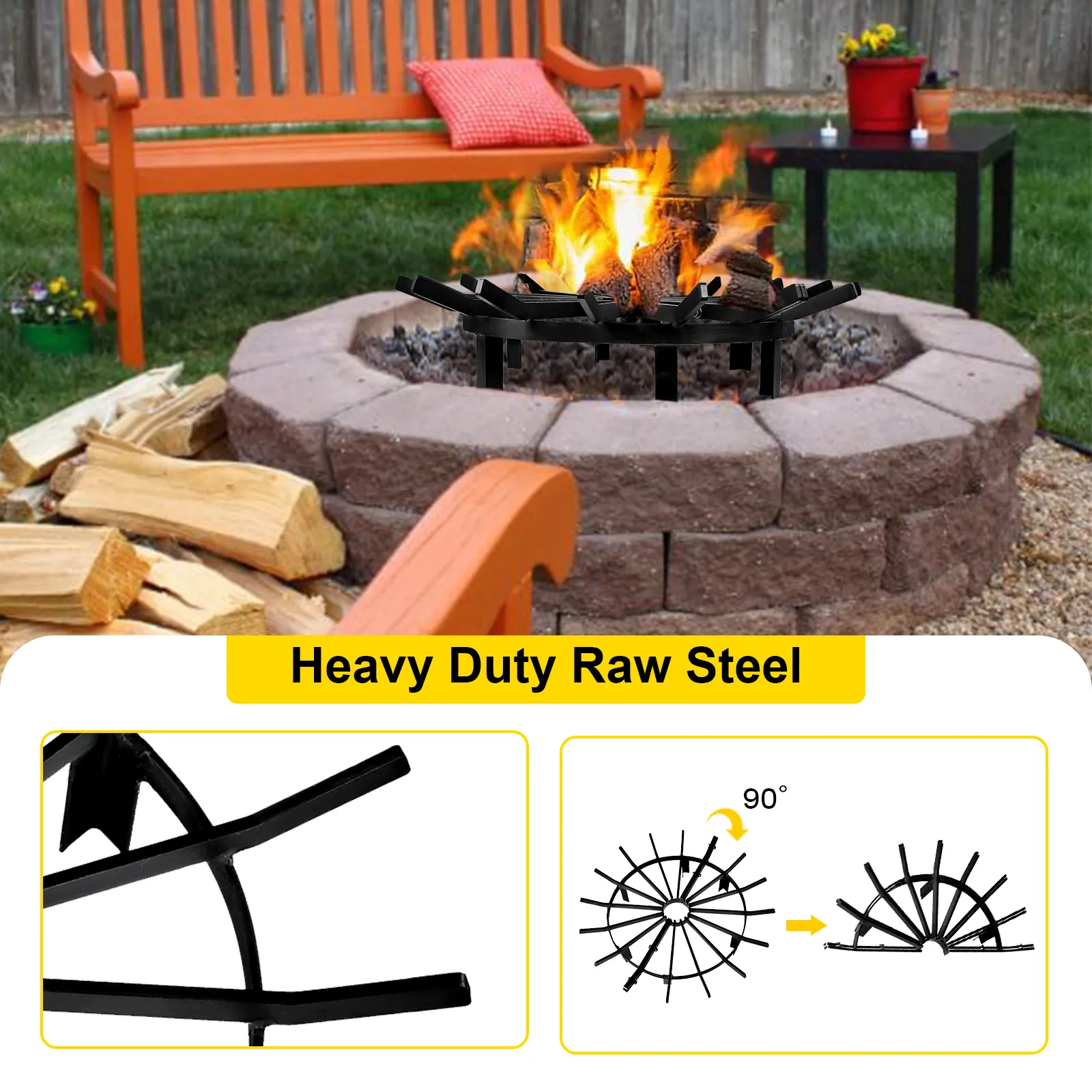 Rejilla de fuego VEVOR en fogón de piedra con troncos ardiendo y fondo de banco de madera.