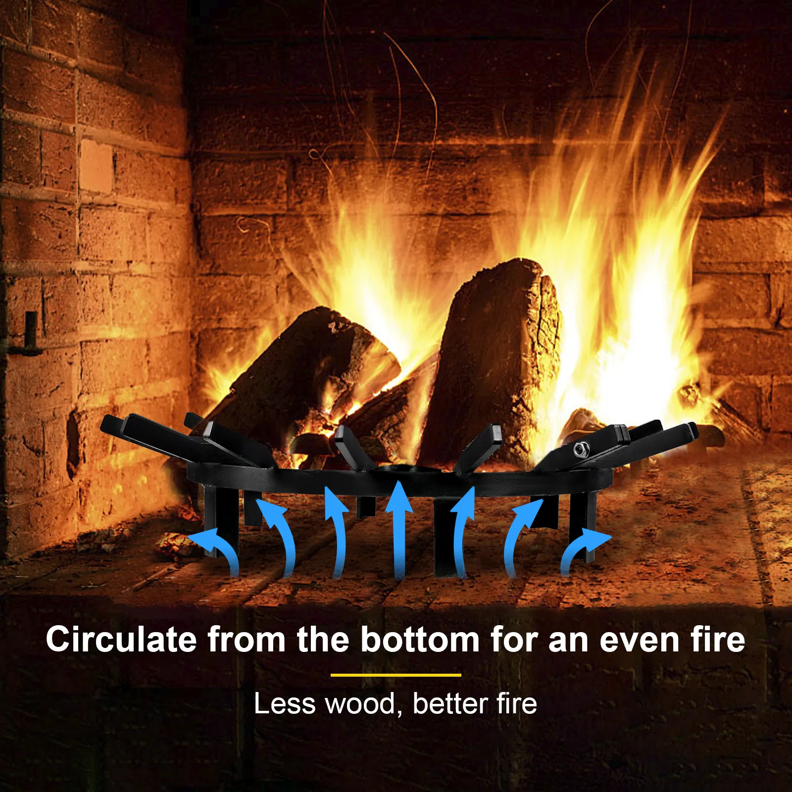 Rejilla de fuego VEVOR en una chimenea de ladrillo con leña ardiendo intensamente.