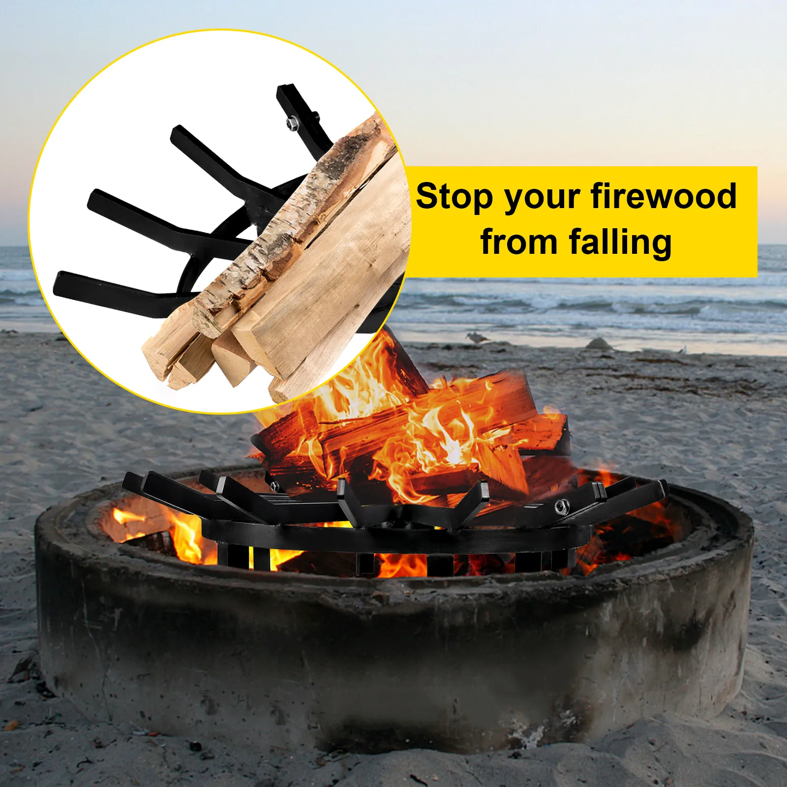 Rejilla para fuego VEVOR en una fogata de playa con un primer plano del soporte para leña.