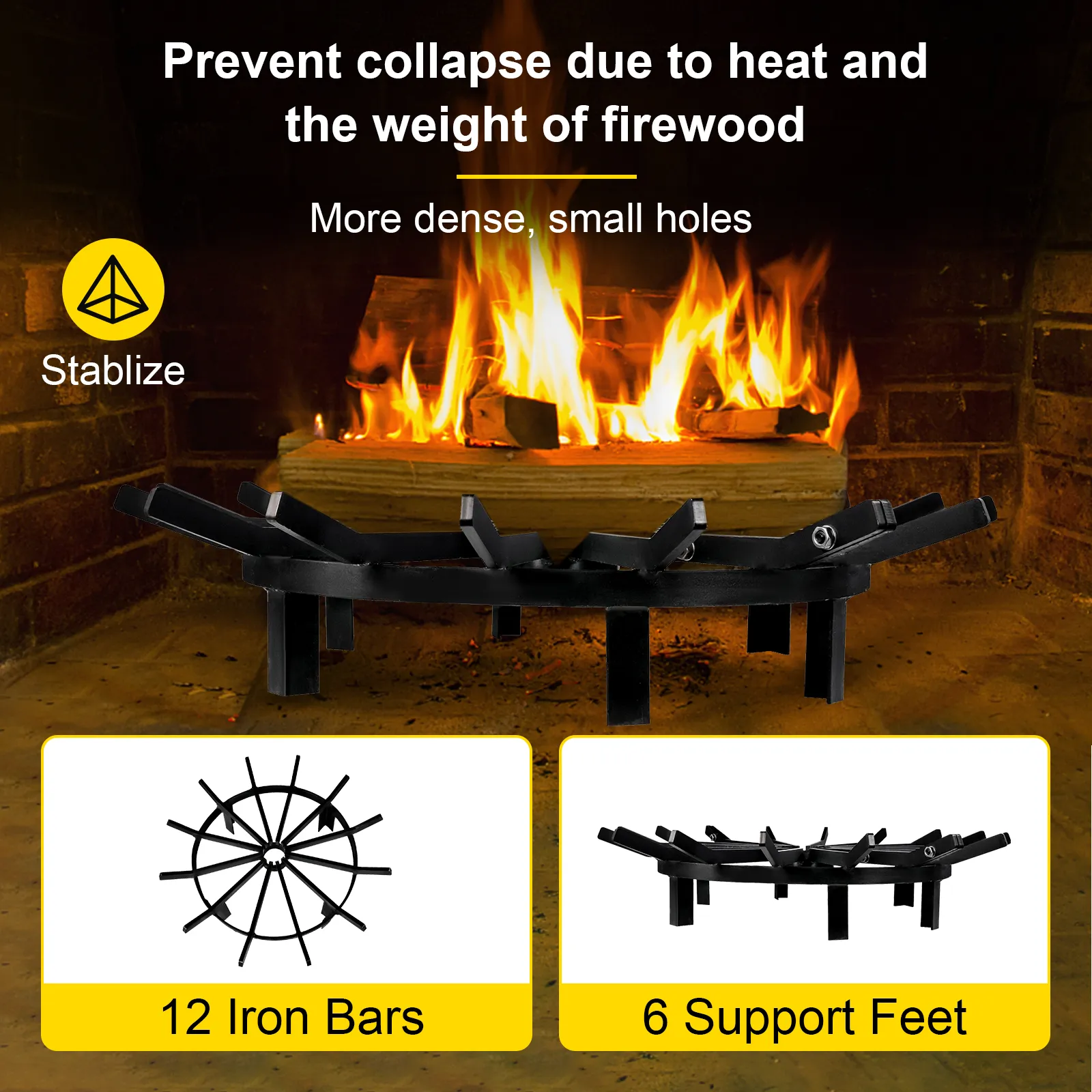 Rejilla de fuego VEVOR en una chimenea con llamas, con 12 barras de hierro y 6 pies de apoyo.