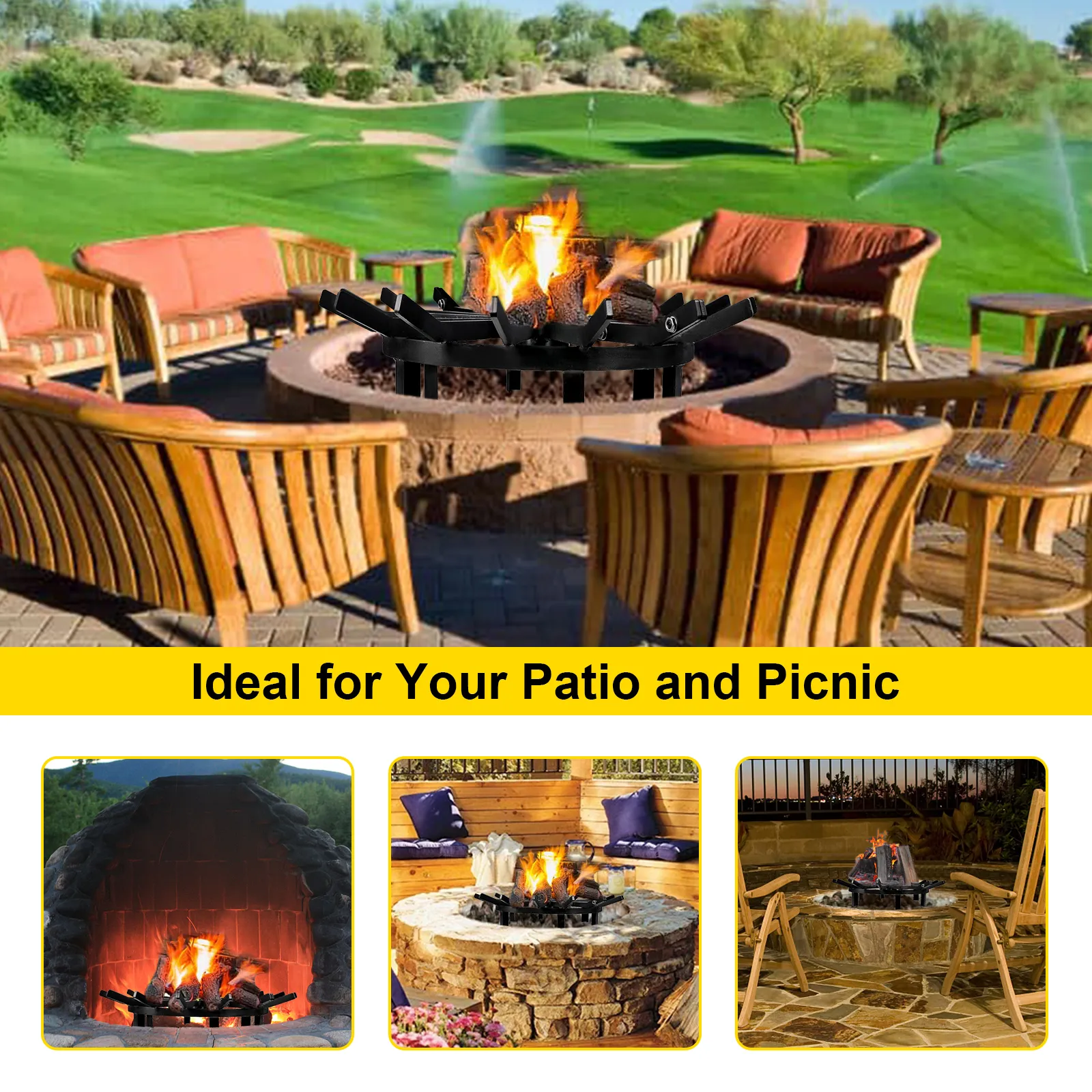 Asientos en el patio con una parrilla de fuego VEVOR encendida en un entorno de jardín, ideal para reuniones.