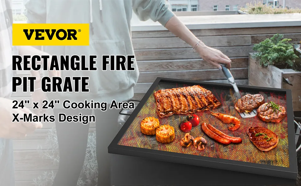 VEVOR fire pit grill grate with food, x-marks design, 24"x24" cooking area.