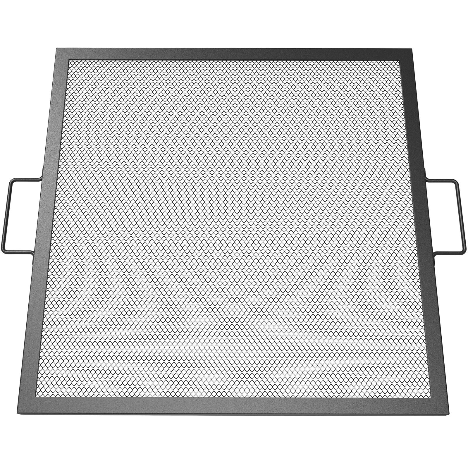 black VEVOR fire pit grill grate with mesh surface and handles on each side.