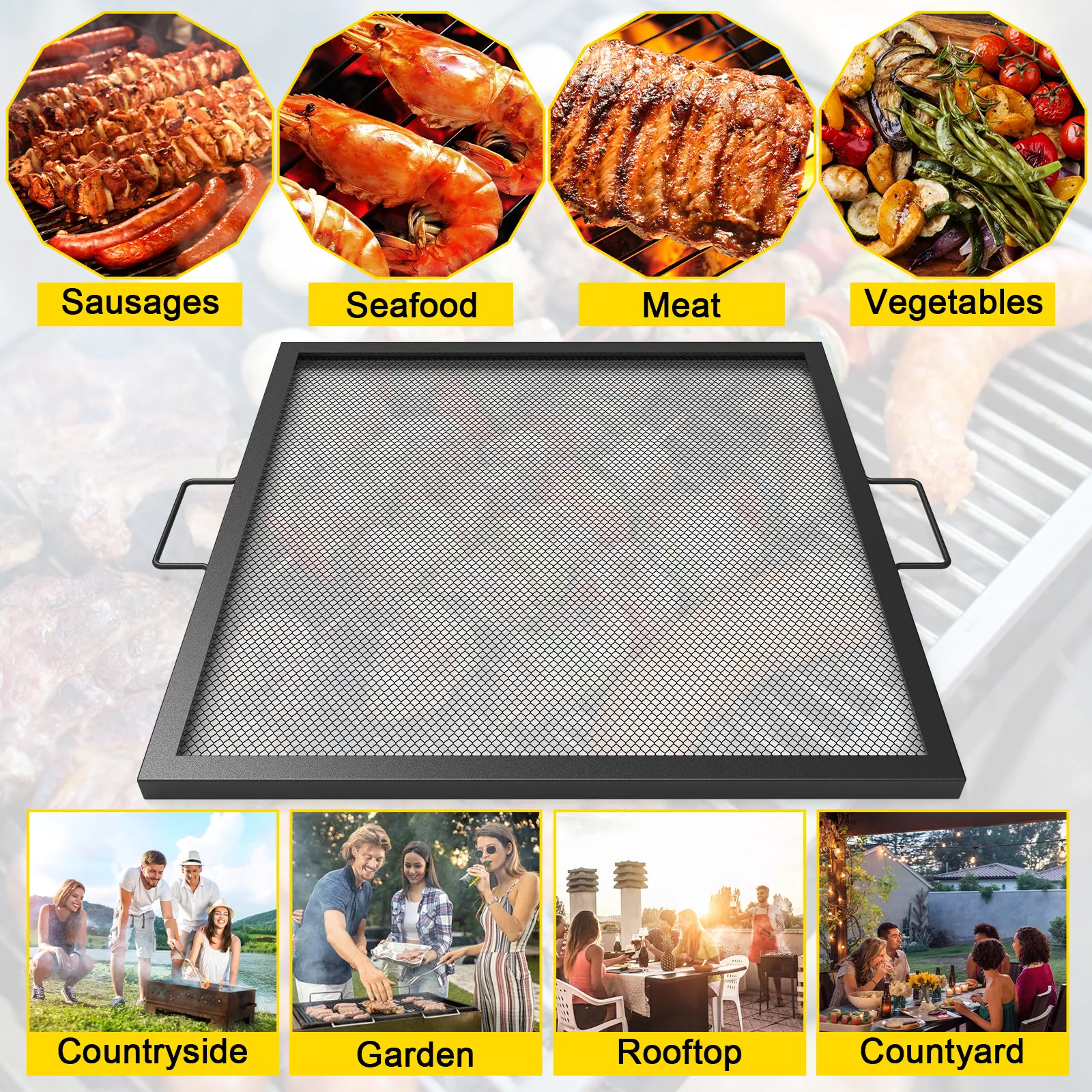 VEVOR fire pit grill grate for grilling sausages, seafood, meat, and vegetables in various settings.
