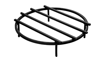 black VEVOR fire pit grate, round with four horizontal bars and three supporting legs.