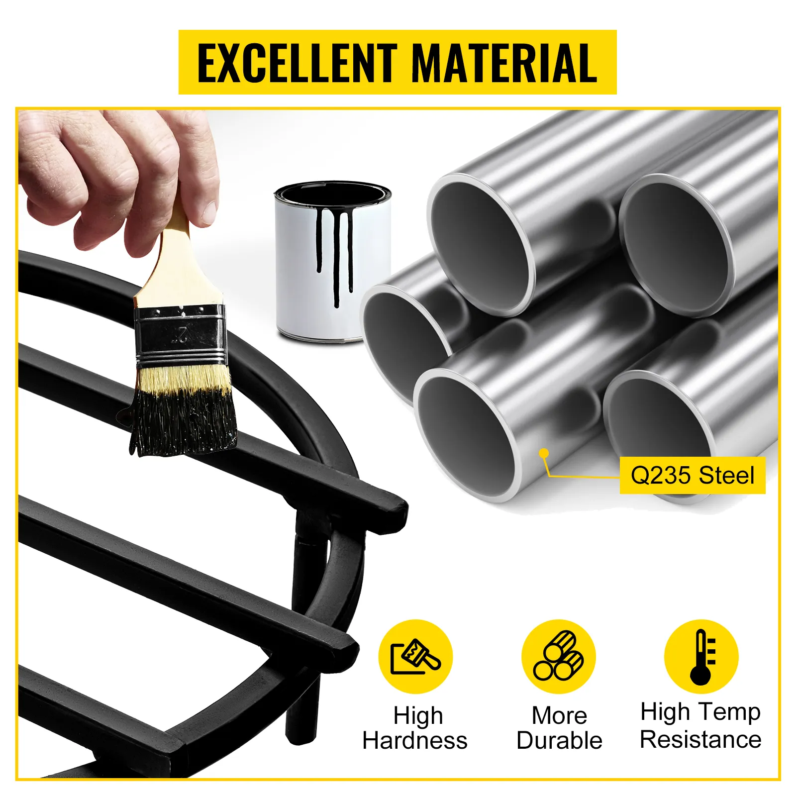 hand applying black paint on VEVOR fire pit grate, highlighting q235 steel durability.