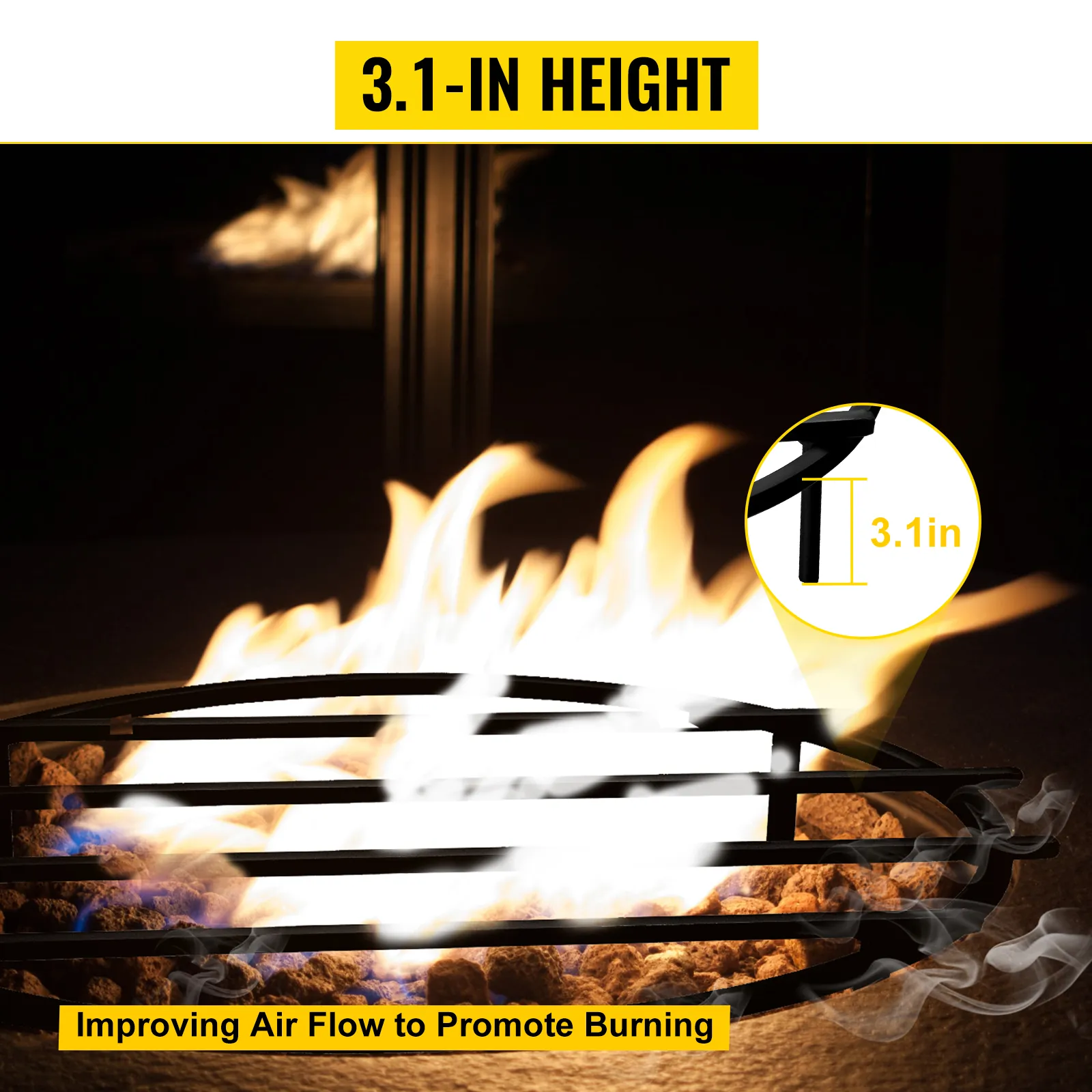 VEVOR fire pit grate with 3.1-in height, enhancing airflow for better burning.
