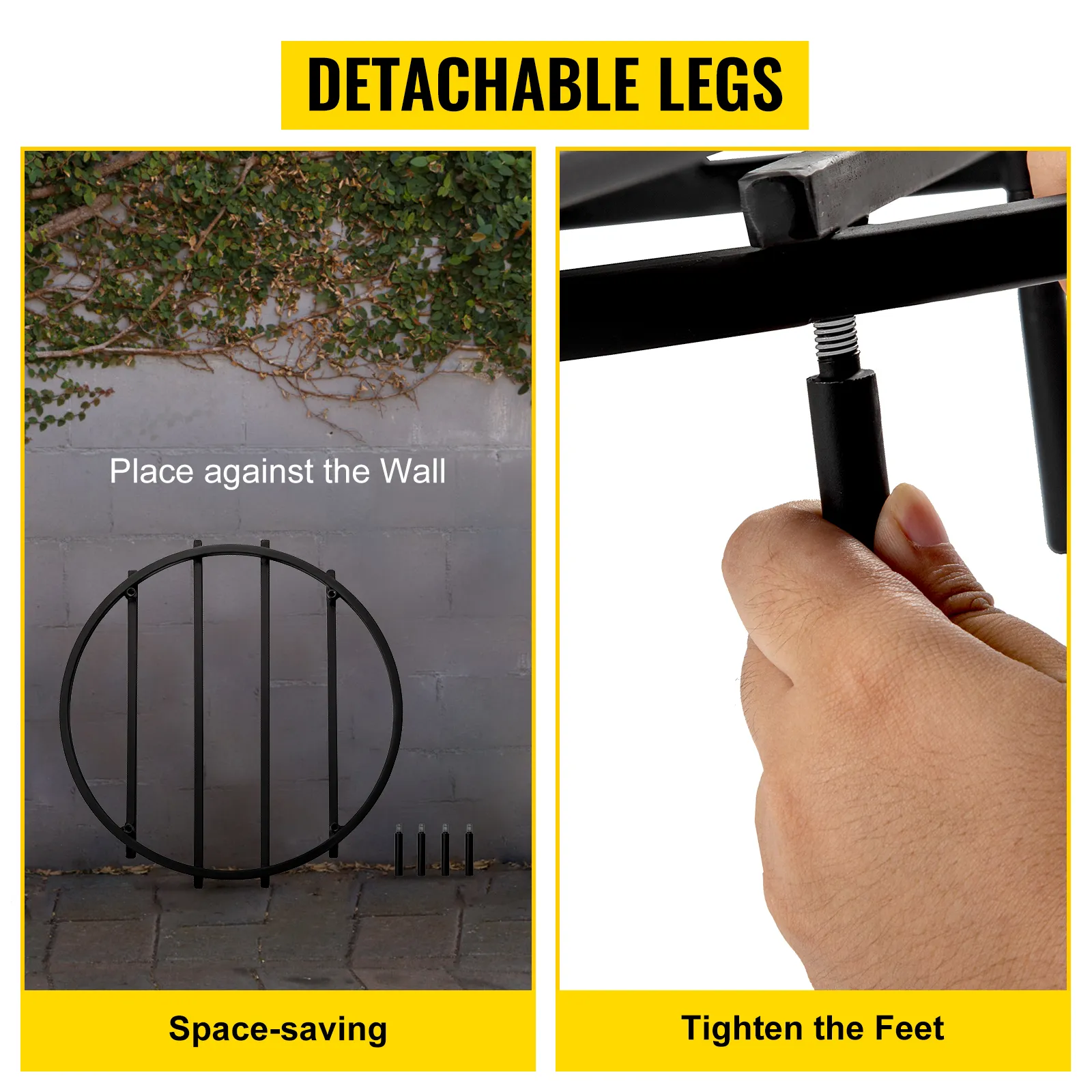 VEVOR fire pit grate with detachable legs, space-saving design for easy storage.