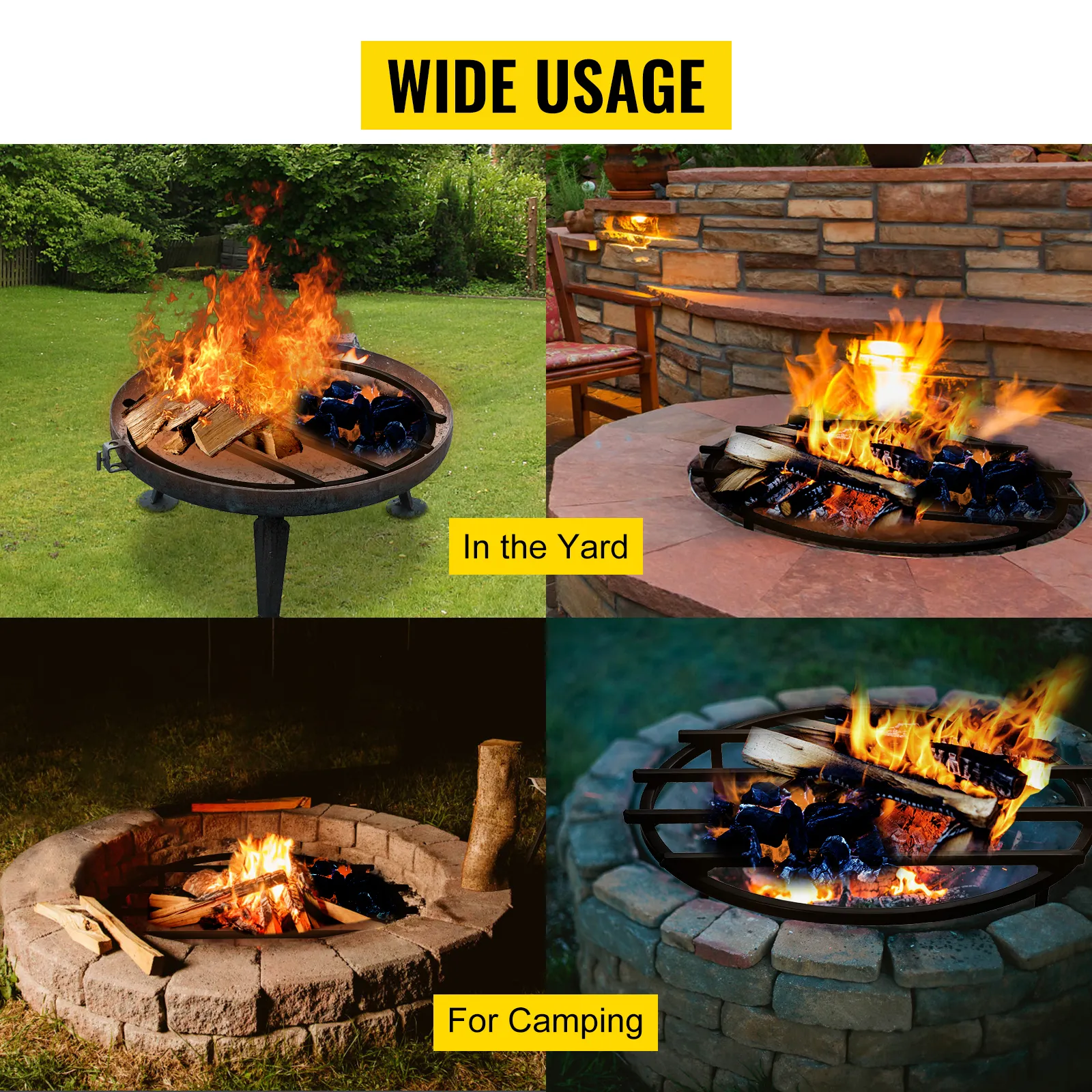 VEVOR fire pit grate in various settings: backyard, patio, and camping. wide usage.