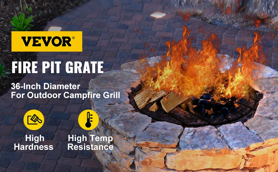 VEVOR fire pit grate blazing with logs on a stone patio, suitable for campfire grill.