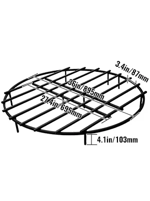 round VEVOR fire pit grate with 36in diameter and 3.4in legs, labeled dimensions.
